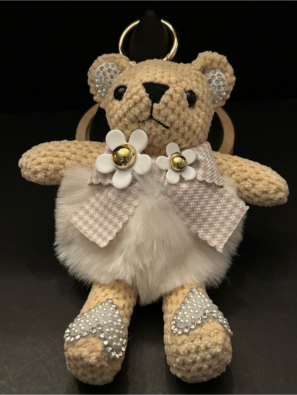 Adorable Plush Teddy Bear 🧸 Bag Charm Key Holder in Beige w/White Flower Accents